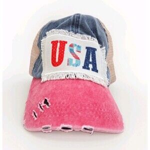 USA Distressed American Trucker 4th July Adjustable Hat Cap Patriotic Red Blue
